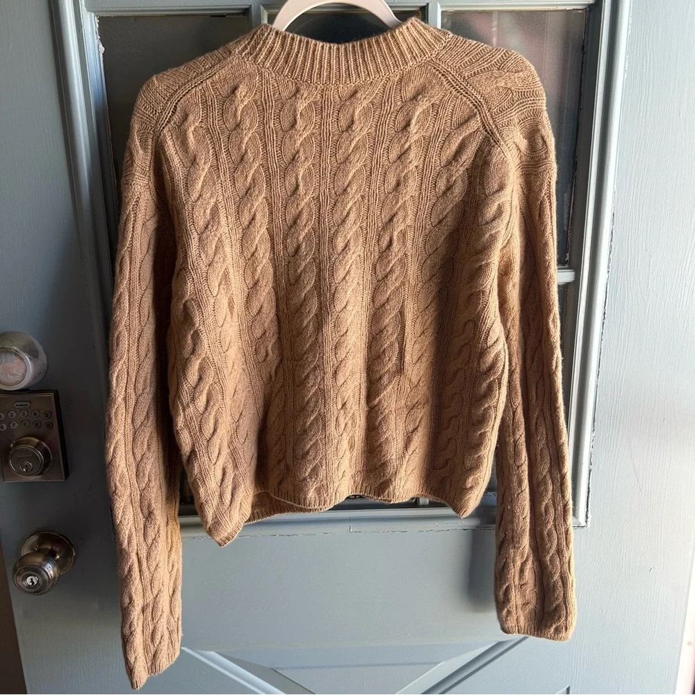 VINCE Women's Wool Cashmere Blend Twisted Cable Knit Crewneck Sweater Tan Beige